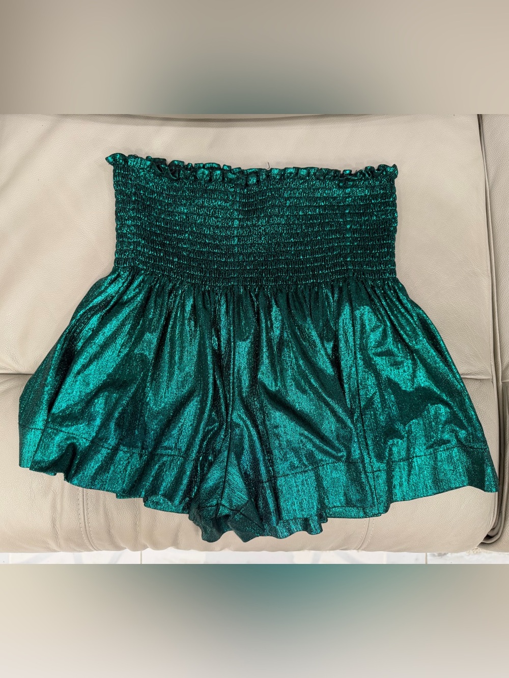 QUEEN OF SPARKLES High Waist Metallic Teal Green Shorts